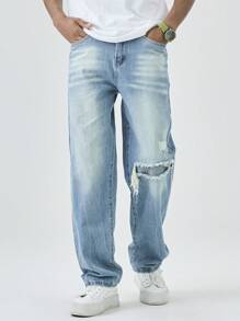 Manfinity Hypemode Men's Ripped Jeans Light Wash Denim Casual Modern Style Distressed And Stacked Design Long - Light Wash - View 1