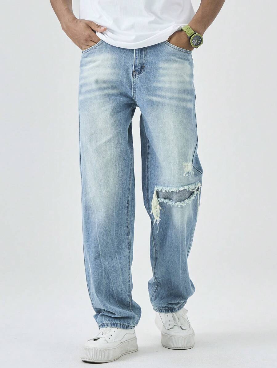 Manfinity Hypemode Men's Ripped Jeans Light Wash Denim Casual Modern Style Distressed And Stacked Design Long - Light Wash - View 1