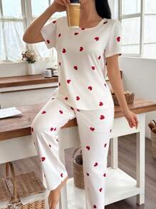 SHEIN Ensemble pyjama femme t-shirt à manches courtes imprimé cœur et short