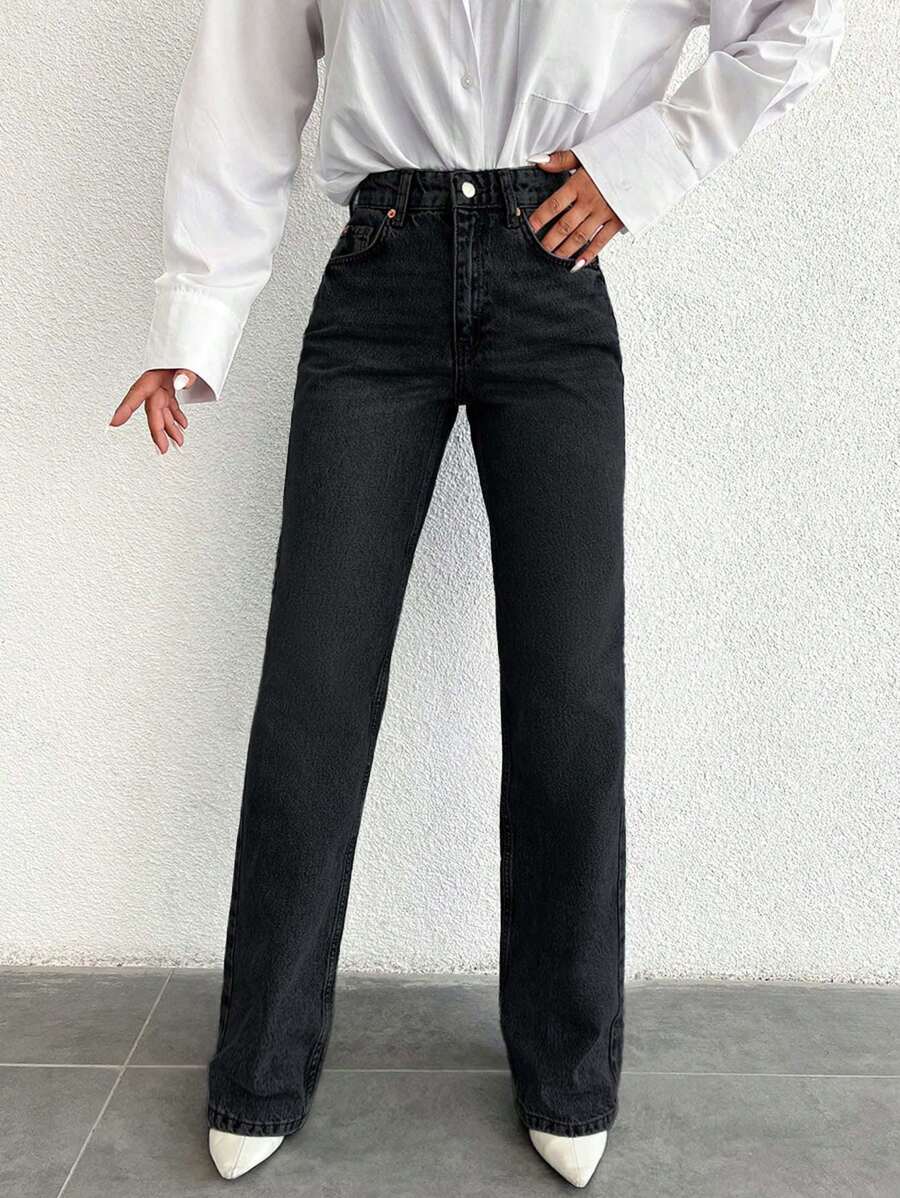 SHEIN PETITE 100%纯棉高腰直筒牛仔裤 PETITE - 黑色 - 查看 1