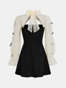 SHEIN Tween Girl Elegant Commuter School V-Neck Tie Sleeve Puff Sleeve Bow A-Line Black & White Color Block Dress, Back To School Fall Winter - Black - View 5