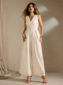 Roveilla Mono elegante de talla grande para mujeres, con escote en V, nudo a la cintura, pierna ancha suelta, sin mangas, estilo romántico francés, apto para vacaciones, oficina o fiesta
