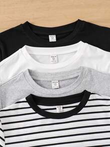 SHEIN 4pcs Kaos Lengan Panjang Kasual Polos & Bergaris untuk Anak Laki-laki Remaja, Gaya Modis untuk Musim Gugur/Musim Dingin - MultiWarna - View 3