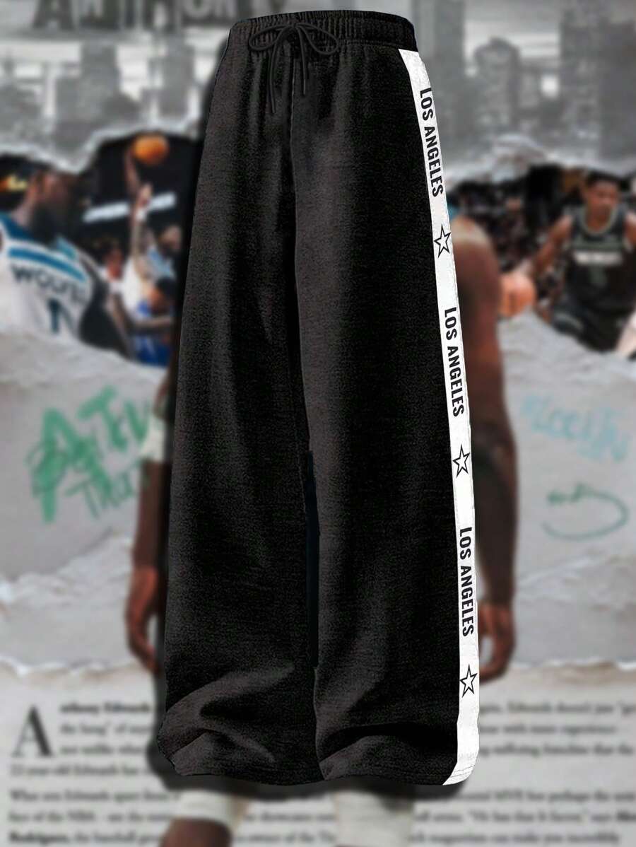 Manfinity Sport Corelite Men's Contrast Color Letter Print Patchwork Sweatpants, Baggy Pants Sweat Pants - Black - View 1