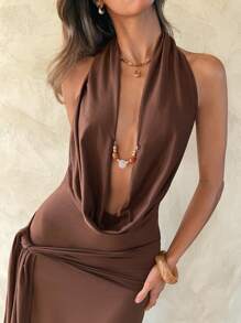 Aloruh Y2K Streetwear Back To School Country Music Festival Concert Beaded Decoration Boho Chic Brown Sexy Holiday Low Neck Knit Dress Chocolate Solid Color Maxi Dress Party Dinner Date Dress Elegant Turtleneck Coffee Color Dress For Women - Coffee - View 5