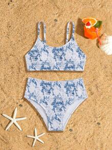 Tween Girl All Over Print Beach Vacation Swimsuit Set - Multicolor - View 1