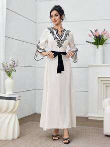 Yasmyna Women Floral Print V-Neck Split Sleeve Arabic Style Dress