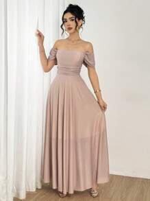 Modelyn 女士露肩A字褶饰腰部连衣裙，粉色