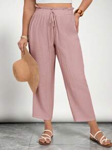 SHEIN VCAY Quần Capri vải lanh cỡ lớn dành cho nữ, Mùa hè, Bãi biển, Phong cách Boho, Bohemian, Thường ngày công sở - Bụi hồng - Xem 7