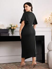 Modelyn Vestido ajustado de mujer talla grande de verano, elegante, de unicolor, con mangas con volantes, cintura fruncida y decoración de rhinestones