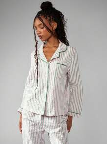 MISSGUIDED 条纹睡衣套装长袖纽扣衬衫阔腿裤睡衣家居服睡衣冬季节日礼物 - 彩色 - 查看 3