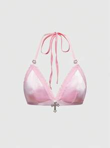 ROMWE J-Fashion Y2K 女士水钻装饰缎面蕾丝拼接无钢圈系带文胸