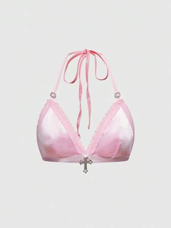 J-Fashion Bralette inalámbrico de satén y encaje con decoración de cristal y patchwork para mujeres, estilo Y2K