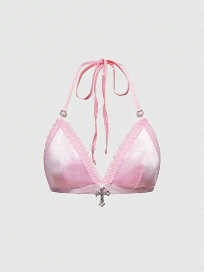 J-Fashion Brassière sans fil en satin et dentelle avec décoration de strass et patchwork pour femmes, style Y2K