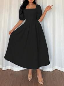 Elenzga Đầm suông tay ngắn dáng chữ A rộng rãi, đơn giản, thanh lịch, giản dị, đi làm, công sở, nghỉ mát, tiệc trà chiều, màu trơn, viền bèo nhún, thời trang xuân/hè - màu đen - Xem 6