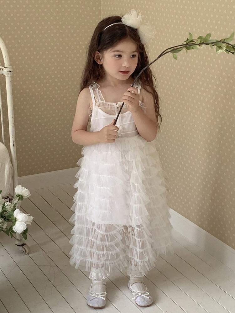 Young Girl Casual Mesh Trim Refreshing Mid-Length Dress, Girls Summer Outfits