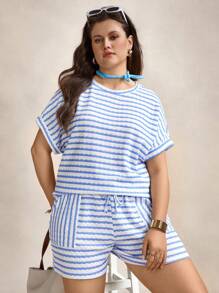 SHEIN LUNE Plus Size Women Striped Round Neck Batwing Sleeve Top And Shorts 2 Pieces Set,Blue And White Summer Smart Casual Holiday Office Outfits Fall Clothes - Blue and White - View 5