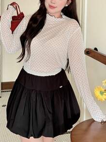 Dazy Plus Plus Size Women Contrast Color Patchwork Stand Collar Mesh Polka Dot Top Sheer Blouse T-Shirt