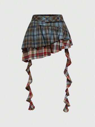 Grunge Punk Vintage Plaid Patchwork Asymmetric Hem Mini Skirt For Women, Y2K Streetwear Style