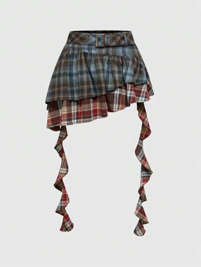 Grunge Punk Vintage karierter Patchwork Minirock mit asymmetrischem Saum für Frauen, Y2K Streetwear Stil