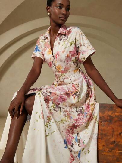 Aveloria Rosie Fresh Random Printed Shoulder Connected Cinched Waist Cinched Waist Wide Hem Long Sleeve Women Long Dress