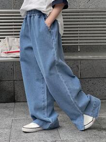 Dazy Kids 男童宽松休闲直筒牛仔裤，裤腿开衩，百搭实用，秋季款 - 藍色 - 查看 1