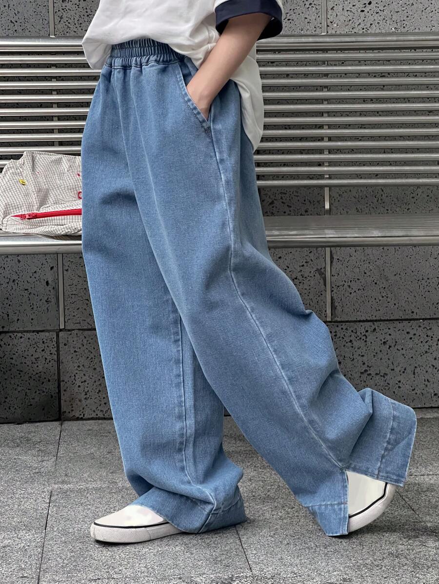 Dazy Kids 男童宽松休闲直筒牛仔裤，裤腿开衩，百搭实用，秋季款 - 藍色 - 查看 1