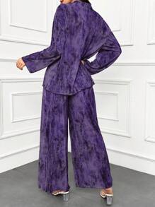 Modelyn 女式蜡染印花落肩长袖上衣和宽松休闲裤两件套，春夏两件套 - 紫色 - 查看 2
