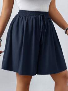 SHEIN LUNE 1pc Plus Size Solid Color Knotted Casual Loose Shorts For Women, Summer