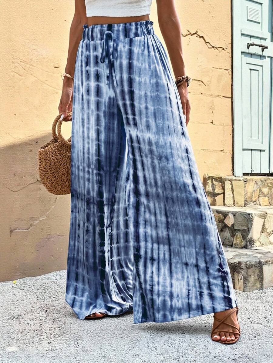 SHEIN VCAY Plus Size Women Drawstring Waist Tie-Dye Printed Wide Leg Loose Pants,Holiday Outfits For Women