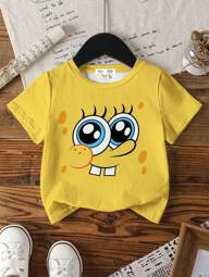 SpongeBob SquarePants | SHEIN Camiseta Casual de Verão Confortável com Estampa Engraçada de Desenho Animado, Gola Redonda, Manga Curta e Modelo Solto para Meninas, na Cor Amarela