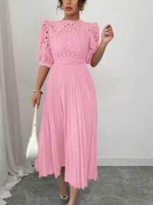 Rafferiza 优雅奢华纯色镂空刺绣拼布百褶连衣裙 - 粉色 - 查看 6