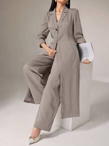 Heiryn 2 件套女士休闲条纹长外套和裤子套装，适合秋季 2 件套