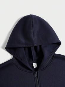 SHEIN 少女休闲学院风街头风保暖连帽拉链卫衣外套，简约字母印花贴袋宽松落肩长袖设计，藏蓝色，适合秋冬季女童穿着。 - 藏蓝色 - 查看 4