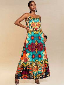 JIAN LASALA Boho All-Over Printed Spaghetti Straps A-Line Oversized Maxi Dress Women Vacation Summer Dress Women Birthday Outfit Women Dresses Elegant Gown Women Summer Clothing Beach Vacation Outfits European Summer Going Out Hawaii Outfits Women Ankara Dress Resort Wear Flowy Dress Vintage Homecoming Formal Dress Wedding Guest Dress Women - Multicolor - View 7