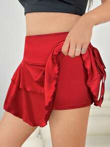 SHEIN EZwear تنورة قصيرة بخط A مقاس كبير مزينة بحبل جانبي، ملابس ربيع وصيف، باللون الأحمر مناسبة لمهرجانات الموسيقى وعيد الفصح