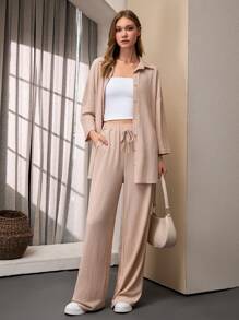 SHEIN Tall Conjunto informal de 2 piezas para mujer alta, compuesto por una camisa de manga larga con caída en los hombros de unicolor y pantalones con cintura de amarre propio