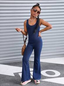 少女时尚休闲 Y2K 复古酷炫舒适柔软透气露背健身深蓝色针织弹力紧身无袖连体裤喇叭牛仔裤，适合少女日常穿着，柔软舒适，适合秋季、冬季穿着，适合返校、返校节、锐舞派对、音乐节、海滩、街头服饰和校园穿着。 - 藍色 - 查看 4