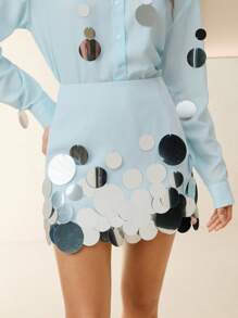 Anewsta Women's Handmade Sequin Embellished Versatile A-Line Mini Skirt, Spring Summer - Blue - View 6