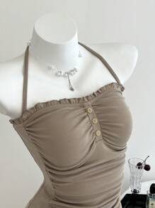 Elamini 女式休闲纯色褶饰露背上衣，夏季 - 卡其色 - 查看 6