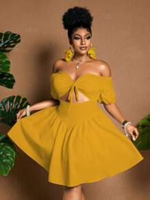 Maweii Plus Size Women's Solid Color Off Shoulder Short Puff Sleeve Hollow Out Design Sexy Dress