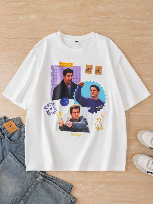 FRIENDS X SHEIN Elena Ilustra Camiseta blanca de verano con diseño gráfico de figura y dibujo animado, de corte holgado y casual para hombre