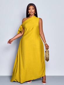 SOLERSUN 女式加大码春夏纯色优雅派对度假日常通勤节日聚会无袖单肩长裙 - 芥末黃 - 查看 6