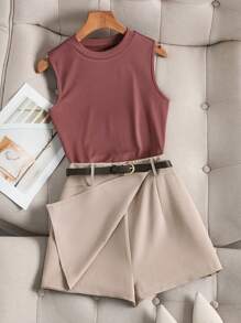 Franclia 女士休闲罗纹吊带背心和短裤两件套（配腰带），夏季 - 彩色 - 查看 3