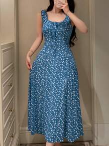 DAZY Ditsy Floral Ruffle Collar Cinched Waist Sleeveless Women Nightgown Pajama - Blue - View 5