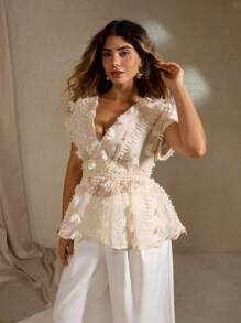 Roveilla Blusa de mujer talla grande con decoración floral 3D, manga murciélago, blanca, verano, elegante, invitada de boda, unicolor, top de vestido con volantes de perlas y flores marfil - Albaricoque - Ver 3