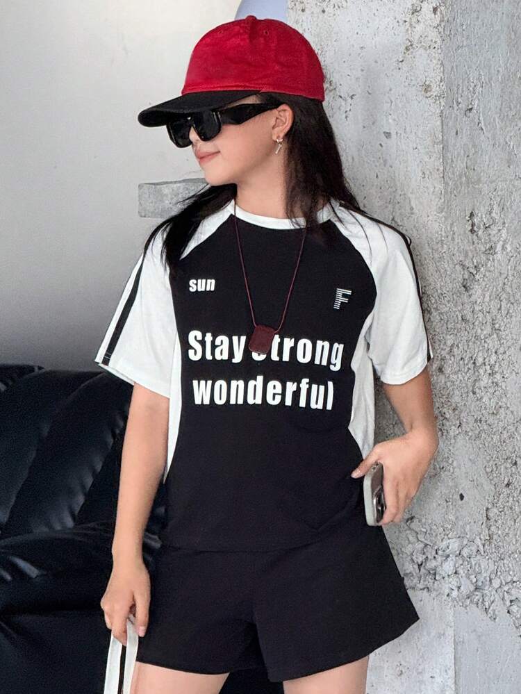 2pcs Tween Girls Crew Neck Print & Color Block Short Sleeve T-Shirt + Shorts Set, Fall Outfit