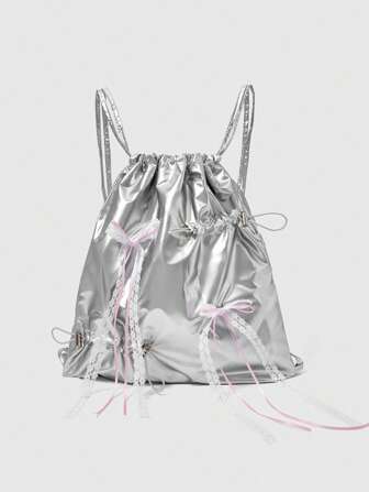 Grunge Punk Y2K Stil Mädchen-Schleife Dekoration Rucksack mit Kordelzug, minimalistischer metallischer futuristischer Kordelzug Beutel, wasserdichter faltbarer großer Organisationstasche für Lässig, Reisen, Pendeln