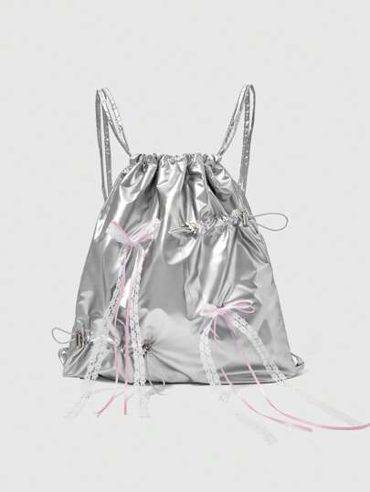 Grunge Punk حقيبة ظهر بسحاب مزينة بفيونكة بطراز Y2K الحلو، حقيبة تسوق ميتالية بسيطة مستقبلية، حقيبة قابلة للطي عالية السعة مقاومة للماء للاستخدام اليومي والسفر والتنقل