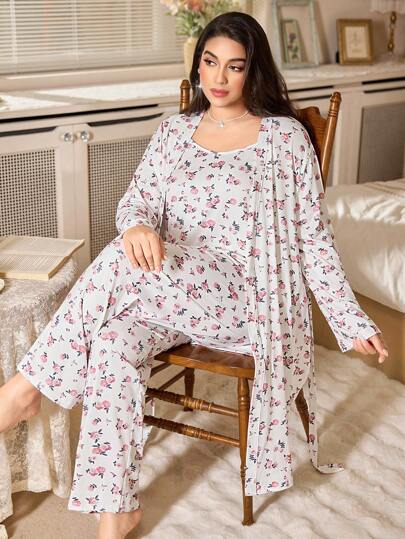 CottageSlumber Plus Size Floral Print Camisole Top & Pants And Robe Set , Cozy And Elegant Details, Clothes, Fall & Winter